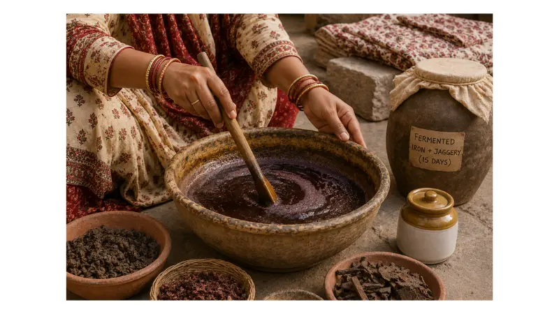 rajasthani women preparing color with natural die